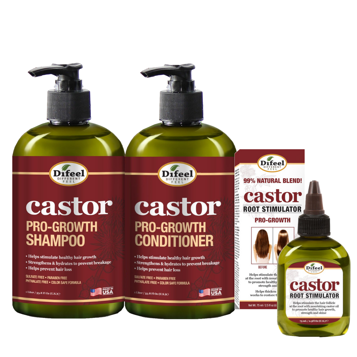 Difeel 3-PC Castor Pro-Growth Hair Growth: Cleansing & Treatment Set - Includes 12 oz. Shampoo, 12 oz. Conditioner, & 2.5 oz. Root Stimulator