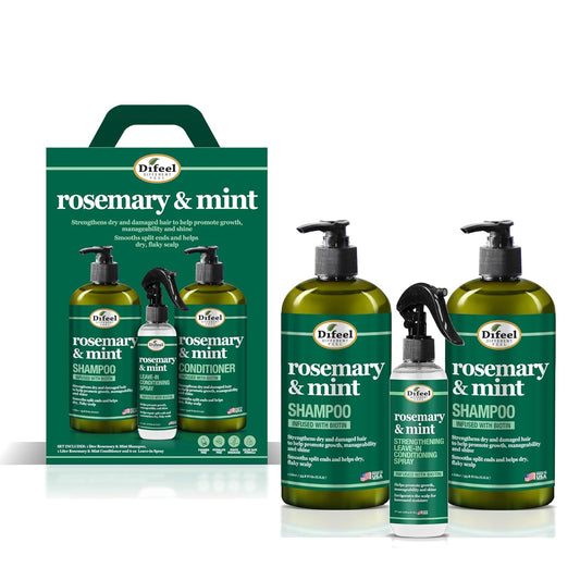 Difeel Rosemary and Mint Biotin Shampoo, Conditioner & Leave in Conditioning Spray 3-PC Gift Set - Shampoo 33.8 oz., Conditioner 33.8 oz. and Leave in Conditioning Spray 6 oz. - Hair Care Gift Set