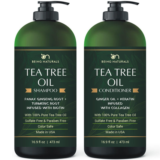 Tea Tree Shampoo Conditioner Set - Pure Tea Tree Oil & Peppermint Oil - Fights Hair Loss, Promotes Hair Growth, Fights Dandruff, Lice & Itchy Scalp - for Men and Women Sulfate Free - 16 fl oz x 2