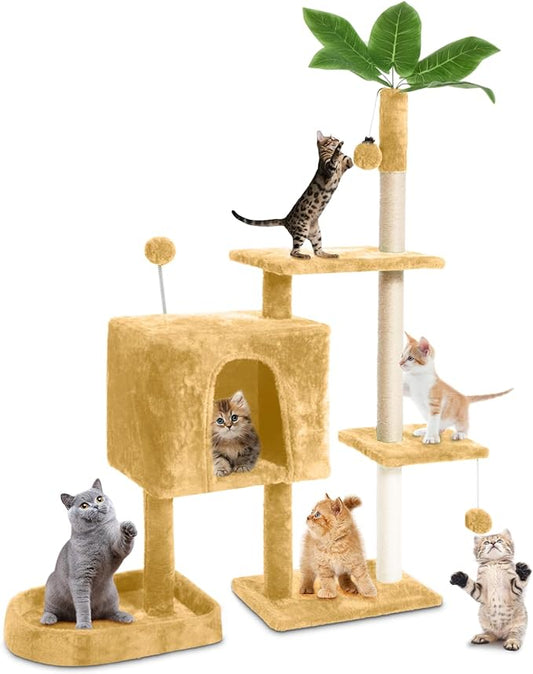Cat Tree Cat Tower for Indoor Cats with Green Leaves, Multi-Level Cozy Plush Cat House