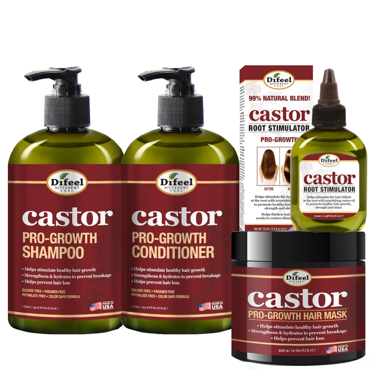 Difeel 4-PC Castor Pro-Growth Hair Growth: Cleansing & Growth Set - Includes 12 oz. Shampoo, 12 oz.  Conditioner, 12 oz.  Hair Mask & 2.5oz Root Stimulator