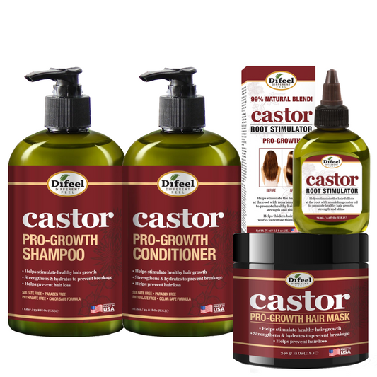 Difeel 4-PC Castor Pro-Growth Hair Growth: Cleansing & Growth Set - Includes 12 oz. Shampoo, 12 oz.  Conditioner, 12 oz.  Hair Mask & 2.5oz Root Stimulator