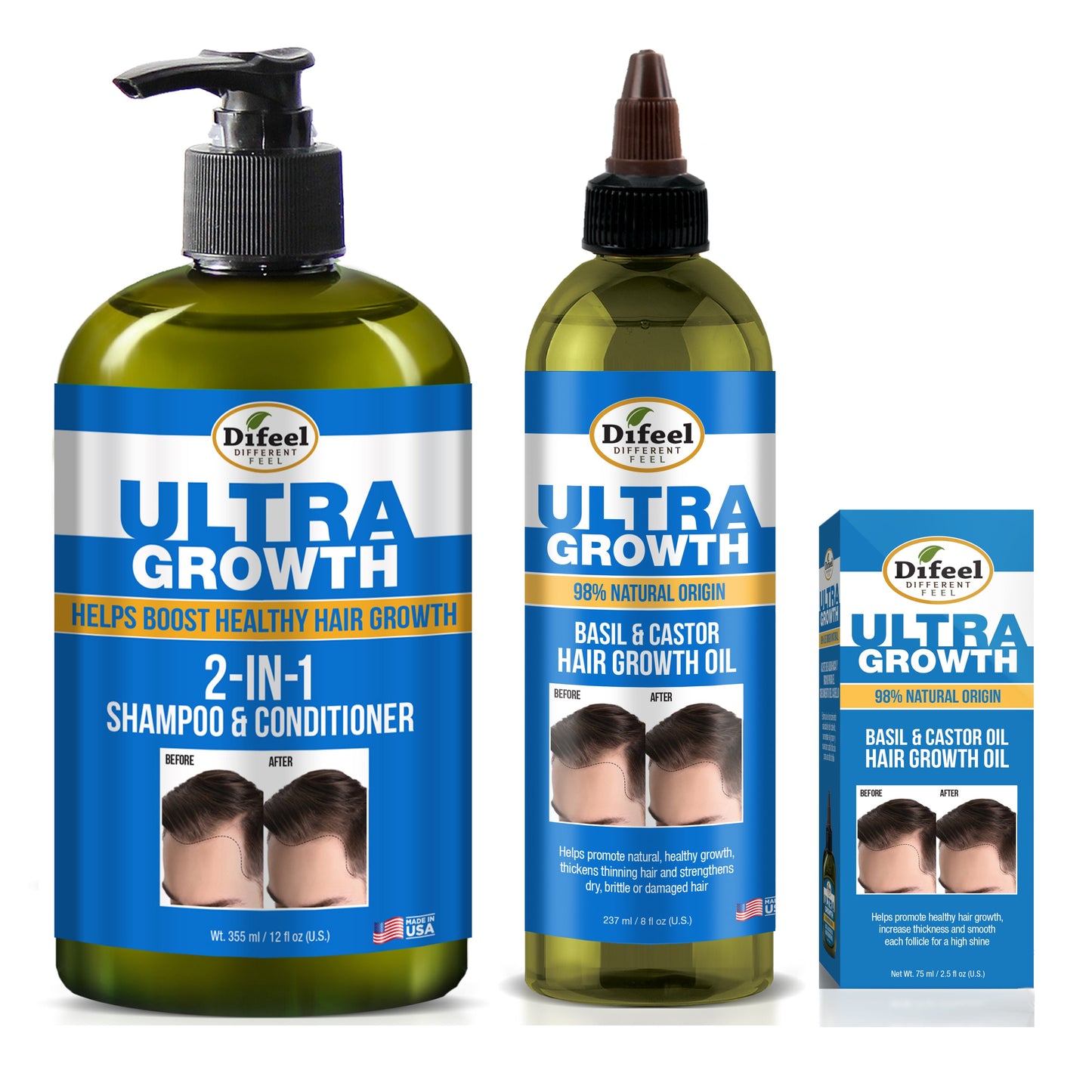 Difeel Mens Ultra Growth 3-PC Hair Growth Shampoo, Condition & Treatment Set - Includes 12 oz.  2-in-1 Shampoo, 8oz Hair Oil & 2.5oz Hair Oil