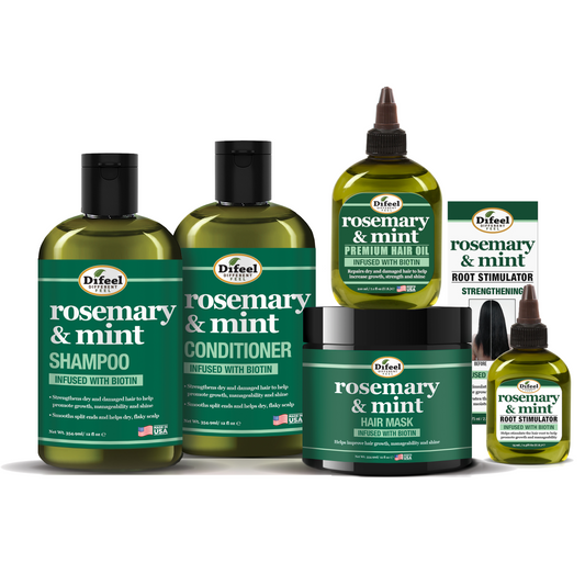 Difeel Rosemary and Mint Biotin Shampoo and Conditioner 5-PC Hair Care Collection (Shampoo, Conditioner, Mask, Root Stimulator, Hair Oil)