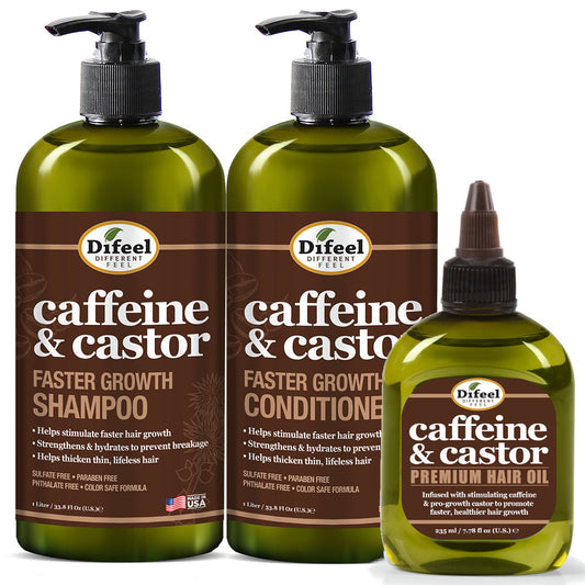Difeel 3-PC Caffeine & Castor Shampoo, Conditioner & Hair Oil for Faster Hair Growth - with 33.8 oz. Shampoo, 33.8 oz. Conditioner & 7.78 oz. Hair Oil