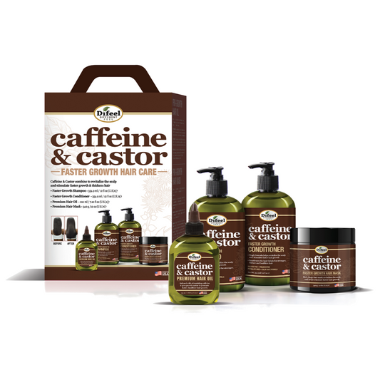 Difeel 4-PC Caffeine & Castor Shampoo & Conditioner Hair Care Gift Set - Includes 12 oz. Shampoo, Conditioner, Hair Mask & 7.1 oz. Hair Oil